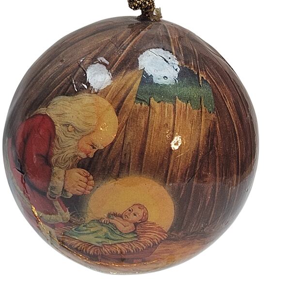 VTG Kneeling Santa Baby Jesus Christmas Ornament '91 Roman Inc Papier Mache Ball - Picture 2 of 8